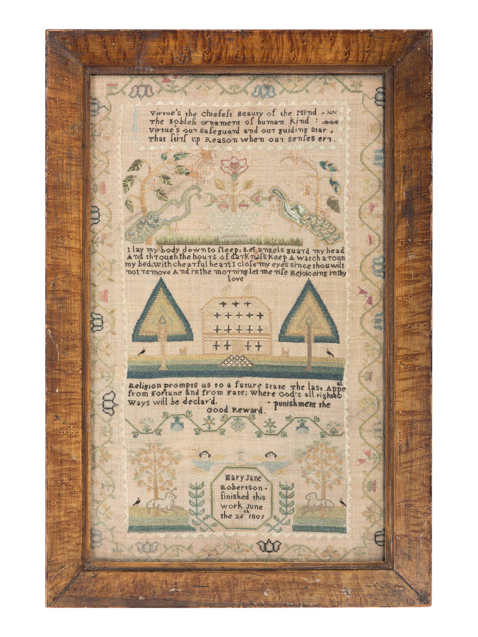 A Pictorial Needlework Sampler in a Grain-Painted Frame (1 of 2)