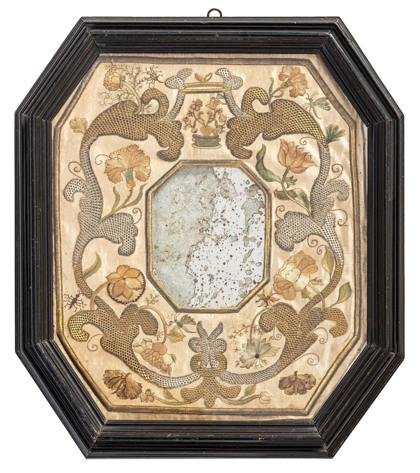 An English Metallic Stumpwork Embroidered Framed Mirror (1 of 7)
