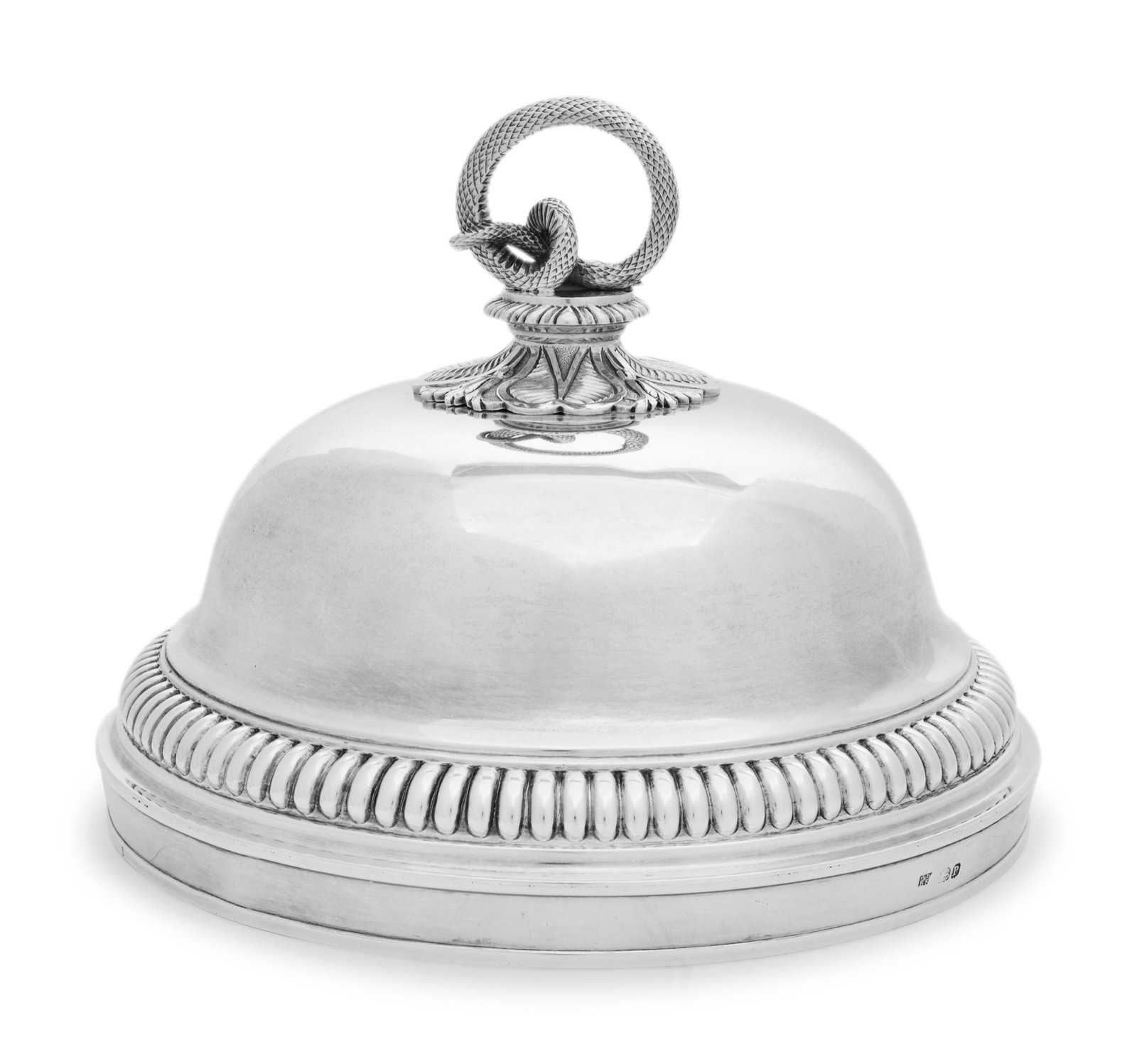 A George III Silver Cloche: A George III Silver Cloche William Burwash & Richard Sibley, London, 1810 having a serpent-form handle surmounting the domed lid with a gadroon banded base of dome. hallmarked for sterling on base col