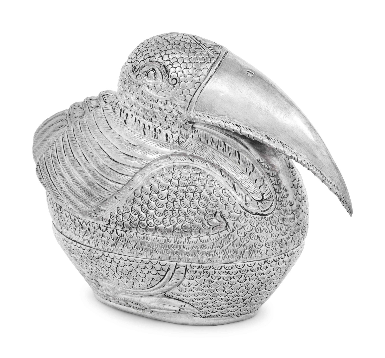 A Southeast Asian Silver Bird: A Southeast Asian Silver Bird 20th Century the top half lifting off to a vacant interior. apparently unmarked 9 ozt 14 dwt Height 5 inches. Property from the Estate of Patricia Ann Black Smyth, Santa 