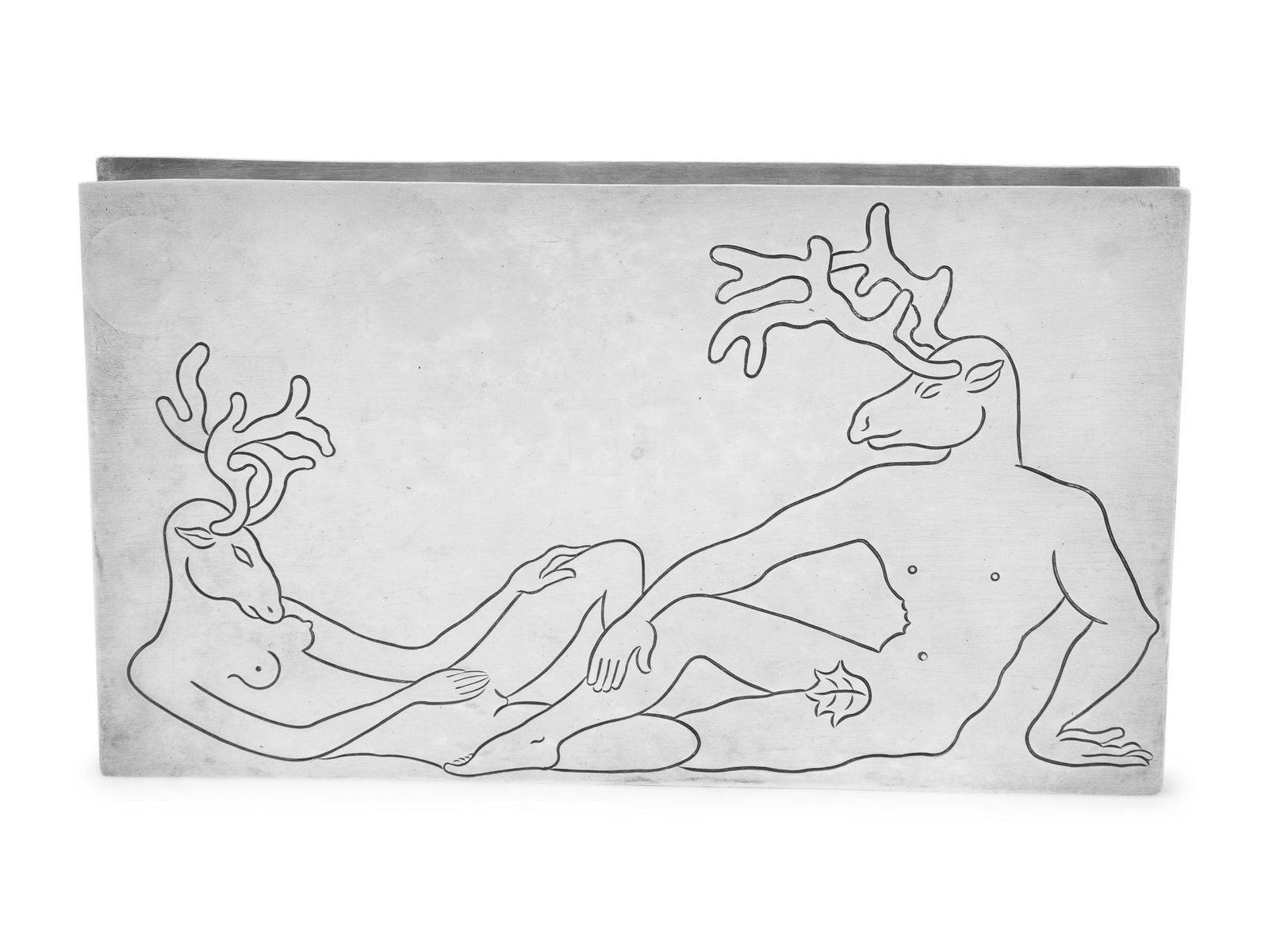 A Mexican Silver Table Casket: A Mexican Silver Table Casket Hubert Harmon, Taxco, Mid 20th Century the lid decorated with two reclining mythical creatures. marked 'Sterling' on underside 25 ozt Width 9 inches. Property from the Es