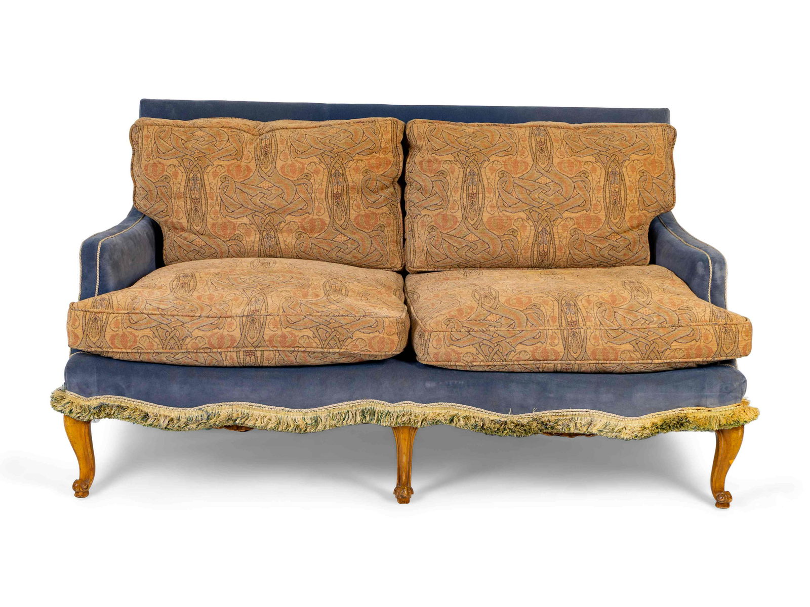 A Pair of French Provincial Velvet and Art Nouveau: A Pair of French Provincial Velvet and Art Nouveau Inspired Upholstered Settees 20TH CENTURY Height 32 x width 57 x depth 32 inches.