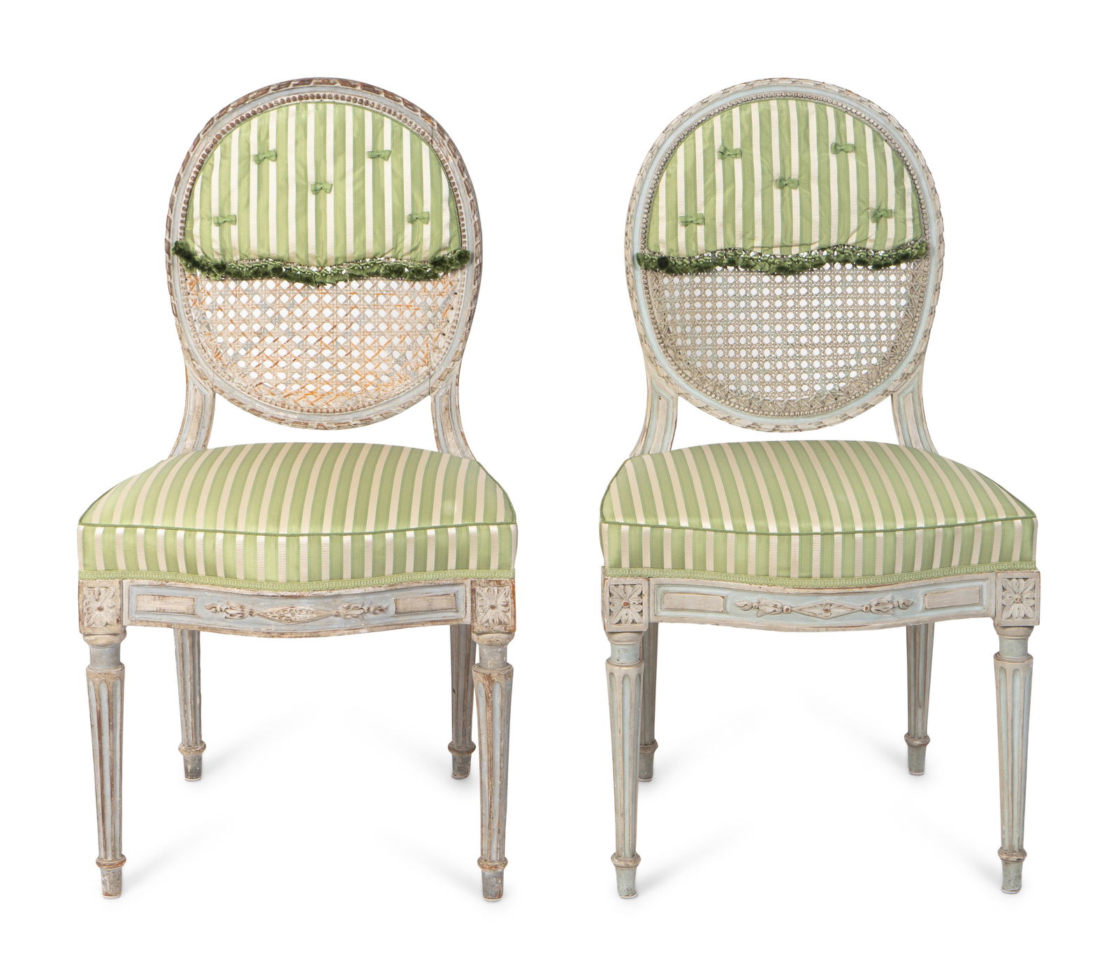 A Set of Six Louis XVI Grey Painted Chaises and Four: A Set of Six Louis XVI Grey Painted Chaises and Four Later Copies CIRCA 1800 Height 37 x width 20 1/2 x depth 18 1/2 inches. Property from a Michael Simon Designed Interior, Florida Provenance: Ph. Mu