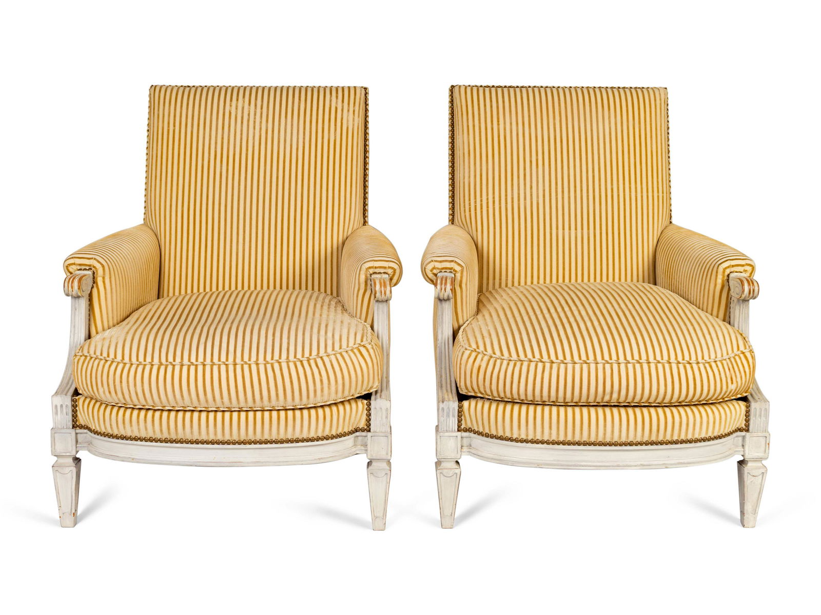 A Pair of Louis XVI Style Carved and Painted Bergeres (1 of 2)