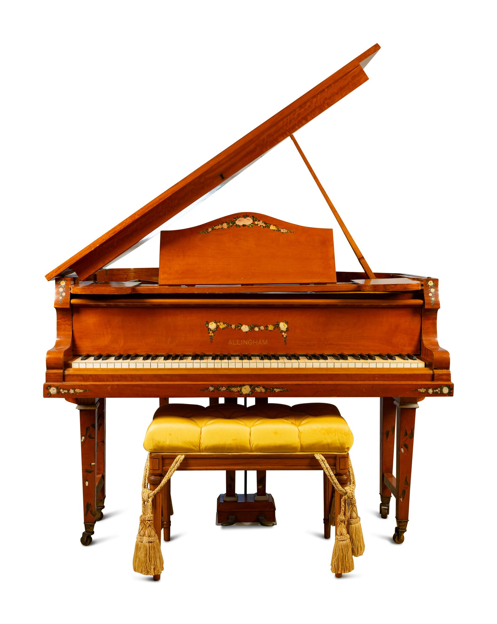 An Edwardian Allingham Maple Baby Grand Piano : An Edwardian Allingham Maple Baby Grand Piano EARLY 20TH CENTURY Possibly by Maple & Co., London; seven octave; with painted trailing floral, foliate and ribbon decoration; together with a