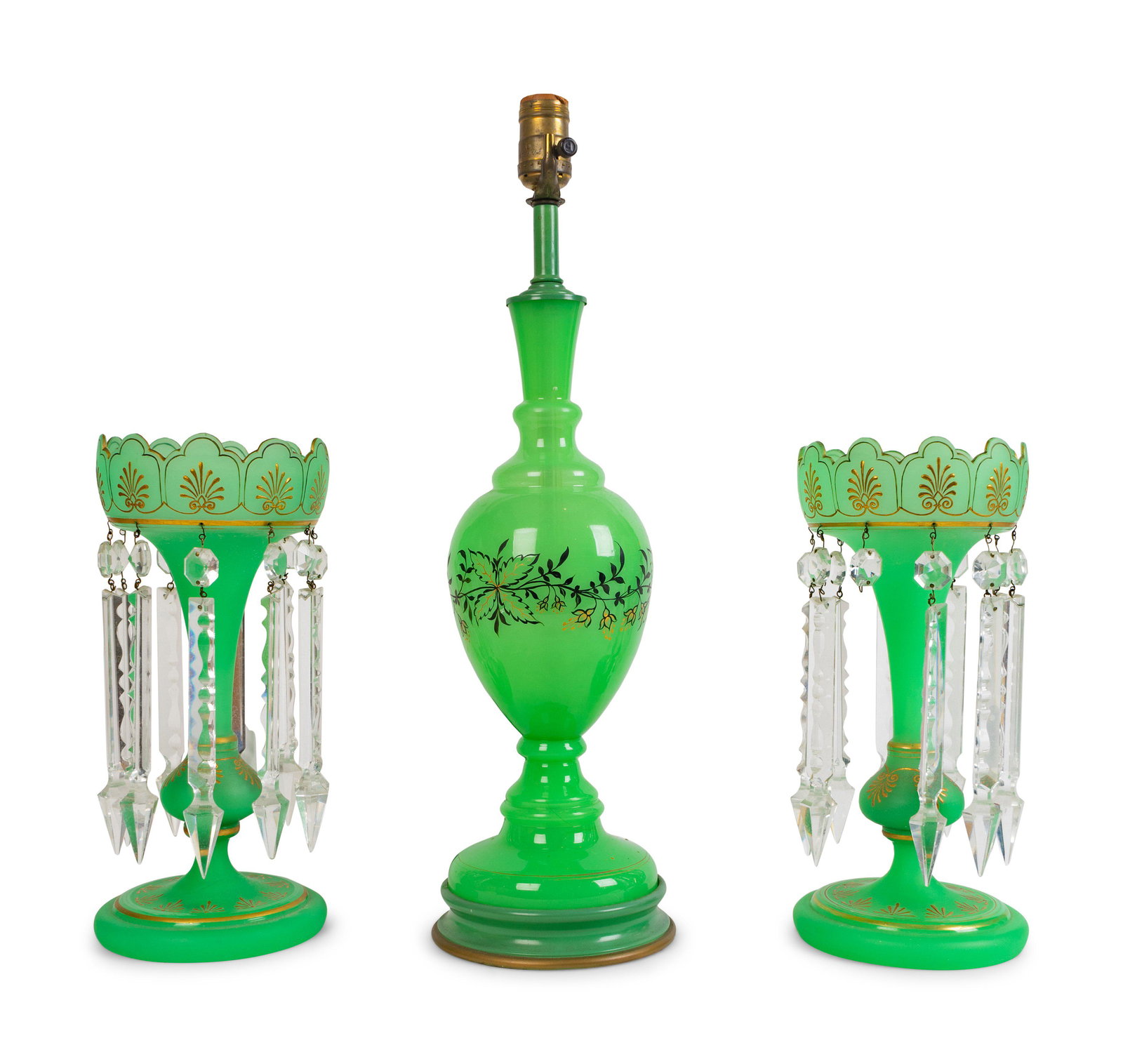 A Pair of French Bohemian Opaline Glass Girandoles: A Pair of French Bohemian Opaline Glass Girandoles 19TH CENTURY together with a later opaline glass lamp. Height of girandole 13 x diameter 6 inches.