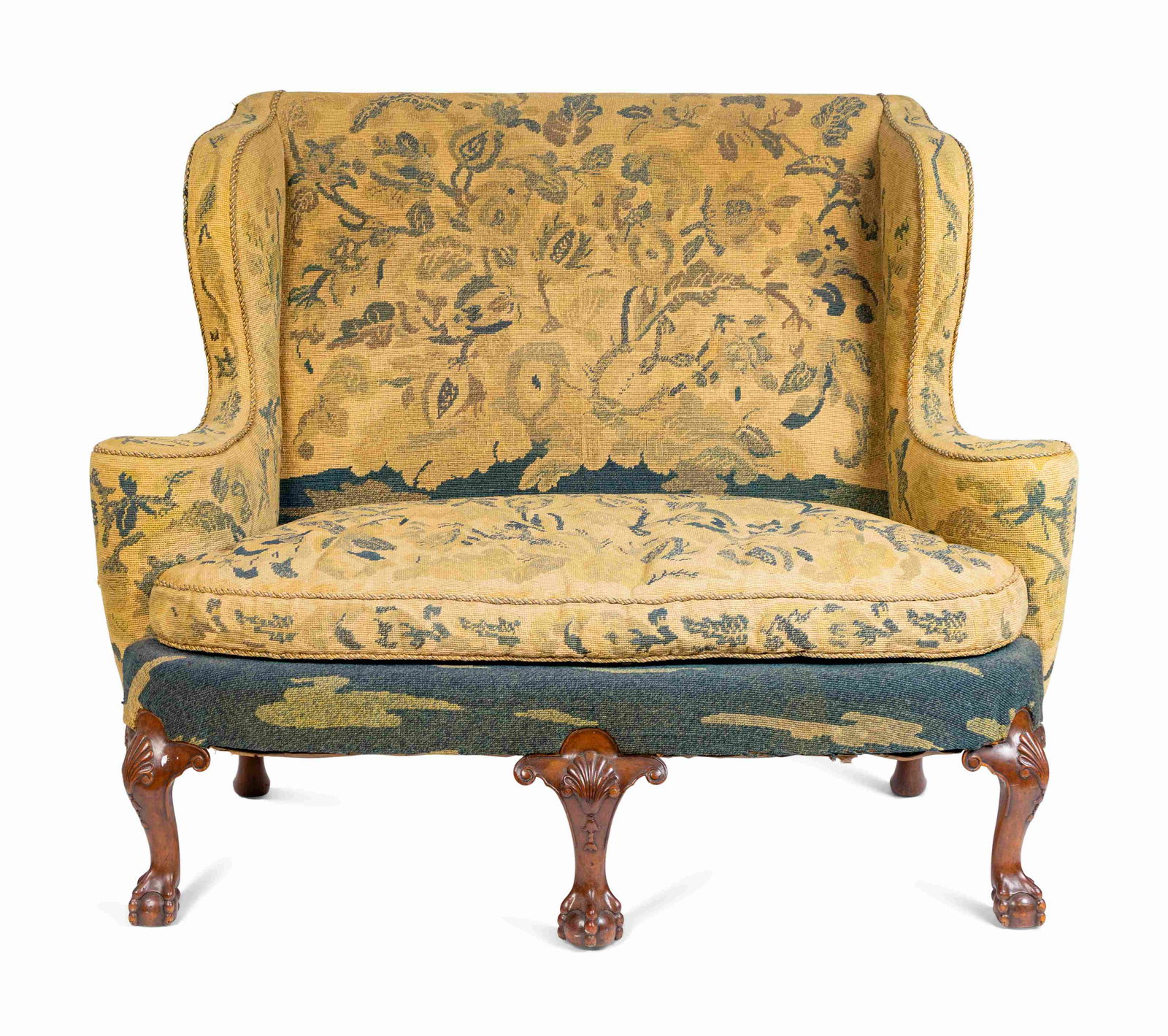 A Pair of George II Style Carved Walnut Settees Height: A Pair of George II Style Carved Walnut Settees 19TH CENTURY upholstered in petit point needlework. Height 44 x width 50 x depth 28 inches. Property from Mar-a-Lago, Christie's, New York, NY, Sale 814