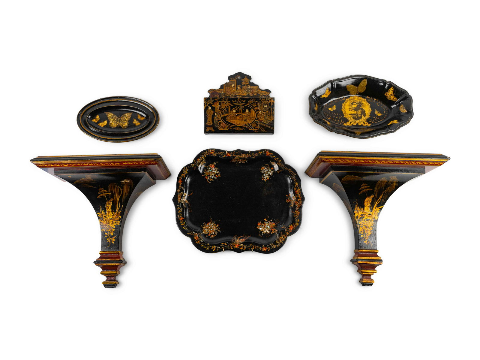 A Group of Six Black and Gilt Lacquer Items Wall (1 of 1)