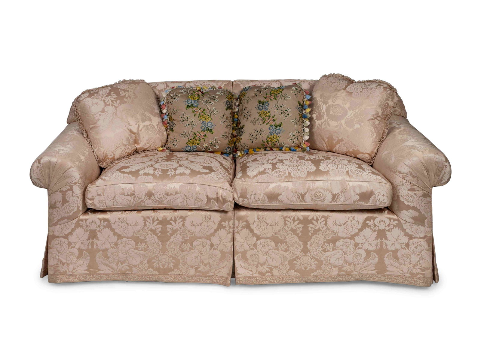 A Pair of Contemporary Damask Upholstered Settees: A Pair of Contemporary Damask Upholstered Settees Height 30 x length 75 x depth 35 inches. Property from a Michael Simon Designed Interior, Florida