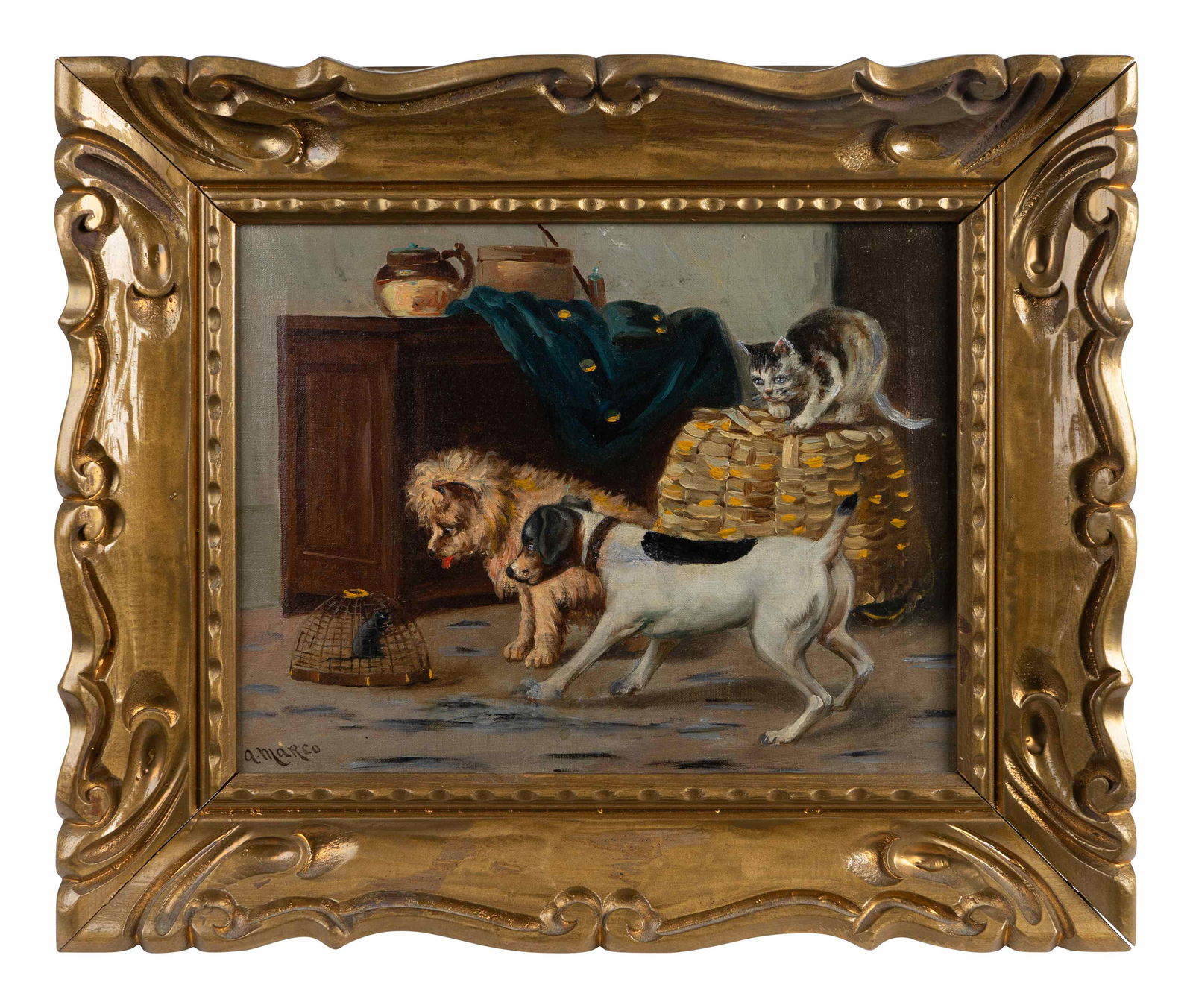 A. Marco 19th Century  Two Dogs and A Cat Watching (1 of 3)