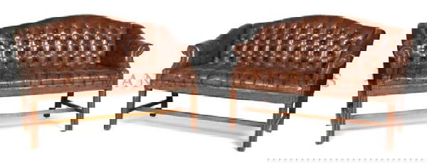 A Pair of Leather Upholstered Settees, Width 46 inches.: A Pair of Leather Upholstered Settees, each having button tufted back, arms and seats, raised on reeded legs joined by H-form stretchers. Width 46 inches.