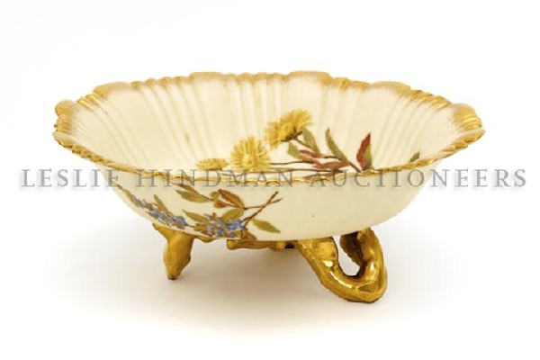 A Royal Worcester Porcelain Footed Bowl, Diameter 7 7/8: A Royal Worcester Porcelain Footed Bowl, of circular form, with ruffled rim, decorated with flowers. Diameter 7 7/8 inches.