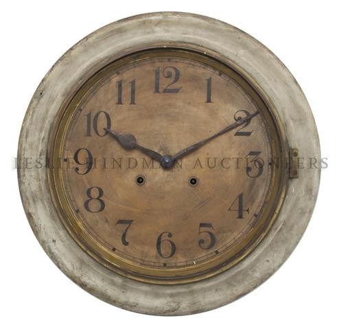 An American Wall Clock, Waterbury, Diameter 16 1/2 inch: An American Wall Clock, Waterbury, having a circular painted wood case, the dial with Arabic numerals. Diameter 16 1/2 inches. Property from the Museum of Science and Industry, Chicago, Illinois