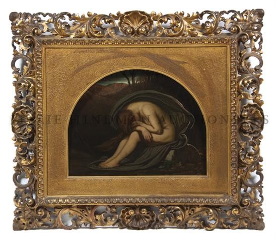 Artist Unknown, 20th century, Nude Woman in Mourning: Artist Unknown 20th century Nude Woman in Mourning oil on domed canvas signed and dated 1905 (lower right) 15 3/4 x 20 1/2 inches. Property from the Collection of Mr. John Mix, Chicago, Illinois