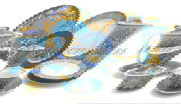A Rosenthal Porcelain Service for Eight, Versace, Diame: A Rosenthal Porcelain Service for Eight, Versace, in the Les Tresors de la Mer pattern, comprised of 8 dinner plates, 16 luncheon plates, 8 dessert plates, 8 soups, 8 teacups and saucers, a teapot, co