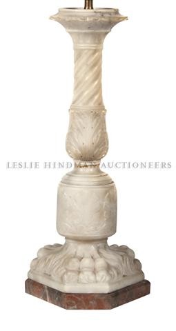 An Italian Carved Alabaster Column, Height 17 1/4 inche: An Italian Carved Alabaster Column, having a circular top over the baluster standard, raised on a tripartite base, mounted as a lamp. Height 17 1/4 inches.