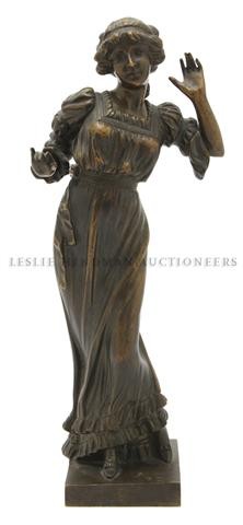 Affortunato Gory (Italian 1895-1925), Height 13 1/8 inc: Affortunato Gory (Italian 1895-1925), depicting a maiden in a dress, bronze, signed. Height 13 1/8 inches.