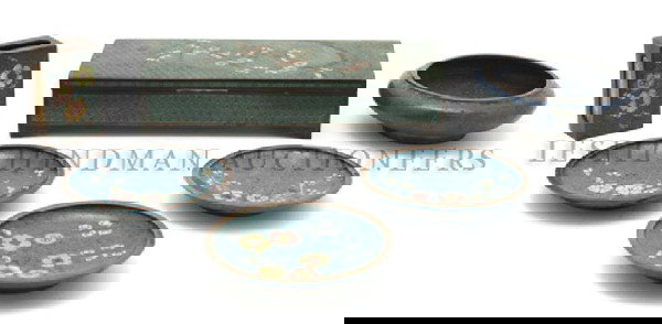 A Collection of Chinese Cloisonne Articles, Width: A Collection of Chinese Cloisonne Articles, comprising a cigarette box, four ash receivers and a match box. Width of first 7 5/8 inches. Property from the Collection of Mr. John Mix, Chicago, Illinois