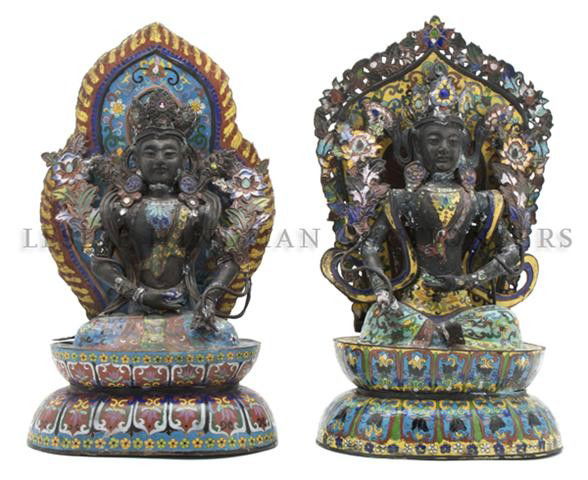 A Pair of Cloisonne Models of Guanyin, Height 19 i: A Pair of Cloisonne Models of Guanyin, having enameled mandala, the figures in a seated pose, raised upon a double lotus base. Height 19 inches.