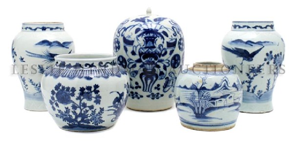A Collection of Four Asian Blue and White Vases, : A Collection of Four Asian Blue and White Vases, three having bird and foliate decoration and one lidded example, together with a ginger jar. Height of tallest 11 1/2 inches. Property from the Estate 