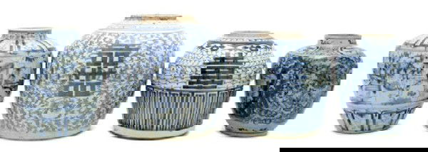 A Group of Two Asian Blue and White Ginger Jars, H: A Group of Two Asian Blue and White Ginger Jars, having foliate and geometric decoration, together with two vases depicting exterior scenes. Height of tallest 9 3/8 inches. Property from the Estate of