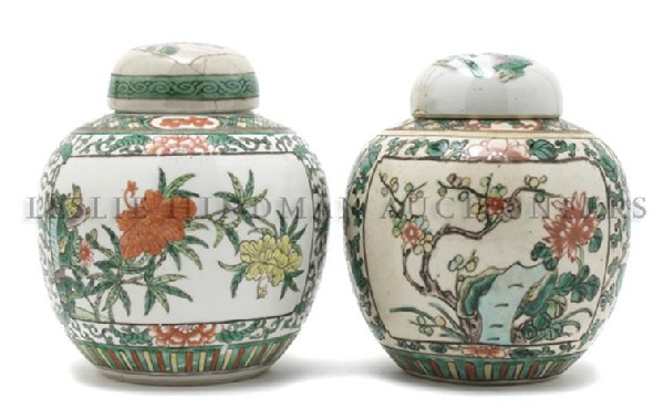 A Pair of Chinese Porcelain Ginger Jars, Height 7 : A Pair of Chinese Porcelain Ginger Jars, having polychrome foliate decoration, with lids. Height 7 1/2 inches. Property from the Estate of Marjorie Jeanne Wiley, Evanston, Illinois