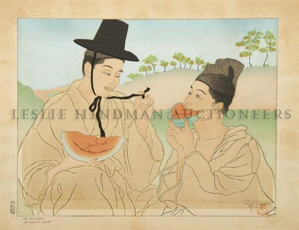 A Woodblock Print, Paul Jacoulet, (French, 1902-19: A Woodblock Print, Paul Jacoulet (French, 1902-1960) Les Pasteques. signed (lower right) 11 3/4 x 15 1/2 inches.