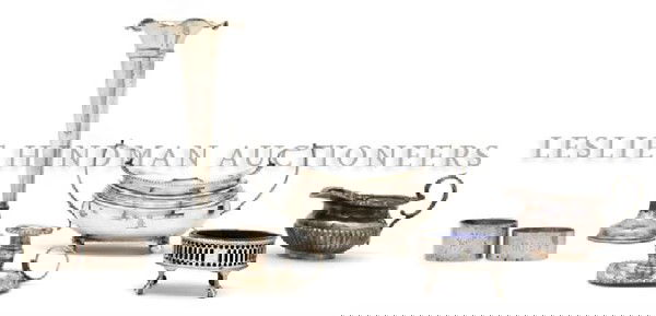 An English Silver Tureen, Charles Fox I, Width of: An English Silver Tureen, Charles Fox I, 1814, London, together with an associated creamer, salt cellar with cobalt insert, chamber stick, two napkin rings and a weighted trumpet vase; approximate tot