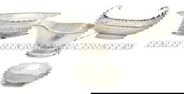 A Collection of English Silver Articles, Width of: A Collection of English Silver Articles, comprising a reticulated bowl raised on paw feet, William Hutton & Sons Ltd, Sheffield, a footed nut dish in the form of a flower, Roberts & Belk Ltd, Sheffiel