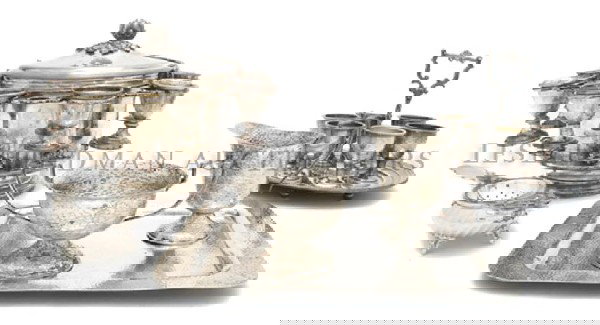 Two Silverplate Drinks Sets, Height of tallest 7 1: Two Silverplate Drinks Sets, together with a creamer, sugar and tray set having a martele finish. Height of tallest 7 1/2 inches. Property from the Collection of Mr. John Mix, Chicago, Illinois