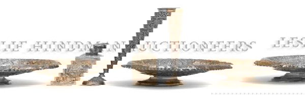 A Collection of Four Silverplate Articles, Width o: A Collection of Four Silverplate Articles, each with repousse decoration, comprising two bowls, a tea caddy and a trumpet vase. Width of bowls 10 1/4 inches. Property from the Collection of Mr. John M