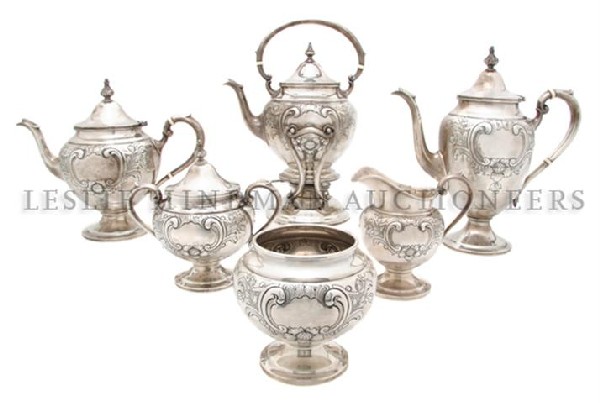 An American Sterling Silver Tea Service, Gorham, H: An American Sterling Silver Tea Service, Gorham, in the Chantilly pattern, comprising a teapot, coffee pot, kettle on stand, creamer, sugar and a waste bowl; approximate total weight 110.20 ozt. Heigh