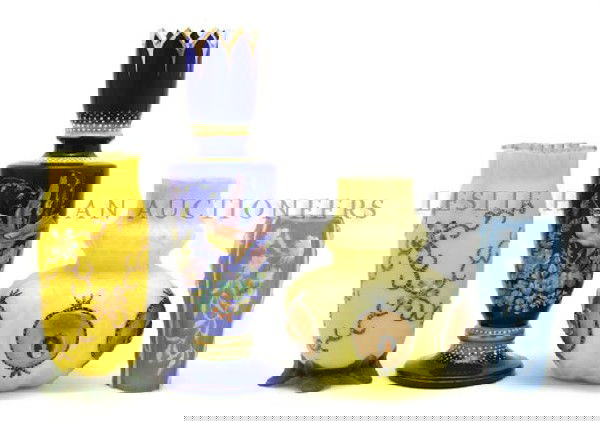 Four Victorian Glass Vases, Height of first 8 1/2: Four Victorian Glass Vases, comprising a lobed example marked Webb with portrait medallions, a foliate form example marked Thomas Webb, a baluster form decorated with bird and foliate motif marked Tho