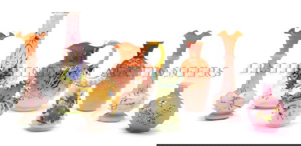 A Collection of Victorian Enameled Glass Articles,: A Collection of Victorian Enameled Glass Articles, of various sizes and decorations, including one Thomas Webb pitcher; 8 items total. Height tallest 11 1/4 inches. Property of a Private Southeast Mic