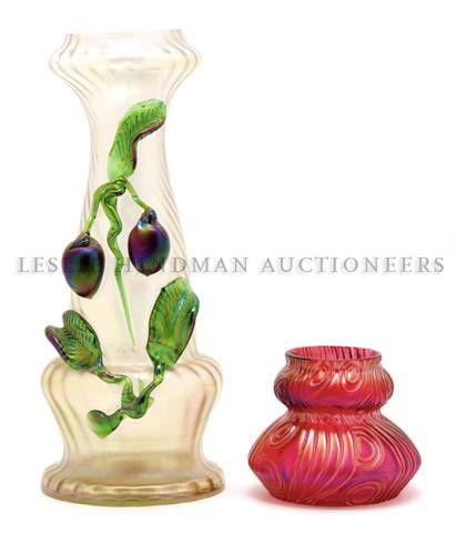 Two Iridescent Glass Vases, Height 10 5/8 inches.: Two Iridescent Glass Vases, the first of baluster form, with applied plum decoration, the second of gourd form, each etched Loetz Austria. Height 10 5/8 inches. Property of a Private Southeast Michiga