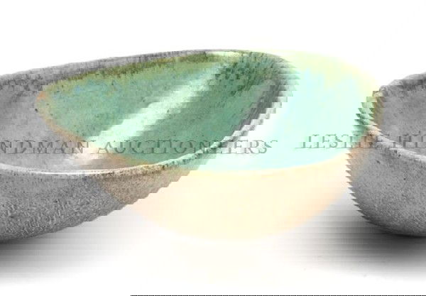 A Ceramic Bowl, Eugene Deutch, Width 9 1/4 inches: A Ceramic Bowl, Eugene Deutch, of triangular form, having tan glaze with turquoise interior signed on base E. Deutch. Width 9 1/4 inches. Acquired from the artist by George Sopkin, thence by decent th