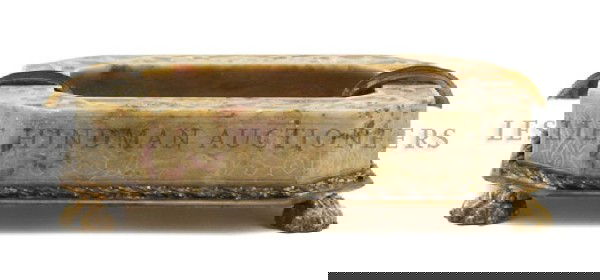 A Soapstone and Gilt Bronze Mounted Ash Receiver,: A Soapstone and Gilt Bronze Mounted Ash Receiver, Nicolas Haydon, of elongated octagonal form, raised on paw feet. Width 5 inches.