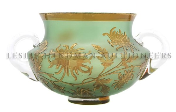 A Val St. Lambert Enameled Glass Bowl, Width over: A Val St. Lambert Enameled Glass Bowl, of low handled form, in gilt leaf decoration. Width over handles 10 1/2 inches.