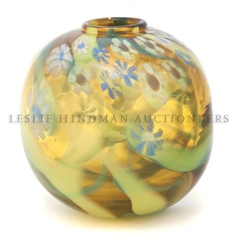 A Glass Paperweight Vase, Mark Peiser, Height 5 1: A Glass Paperweight Vase, Mark Peiser, the baluster form vase having floral motif, signed on underside 1971. Height 5 1/2 inches.
