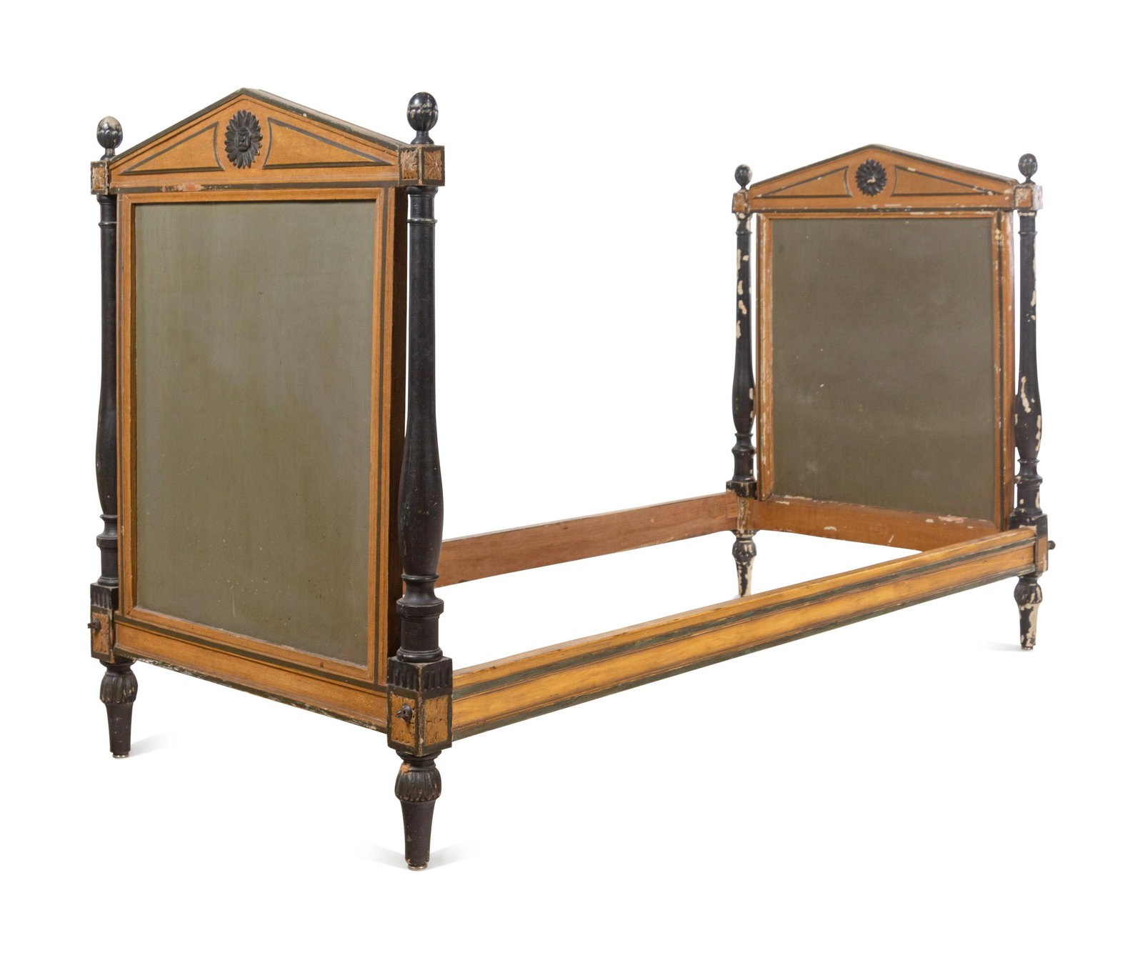 A Pair of Directoire Painted and Parcel Ebonized: A Pair of Directoire Painted and Parcel Ebonized Daybeds Early 19th Century Height 45 x width 72 1/2 x depth 33 inches.