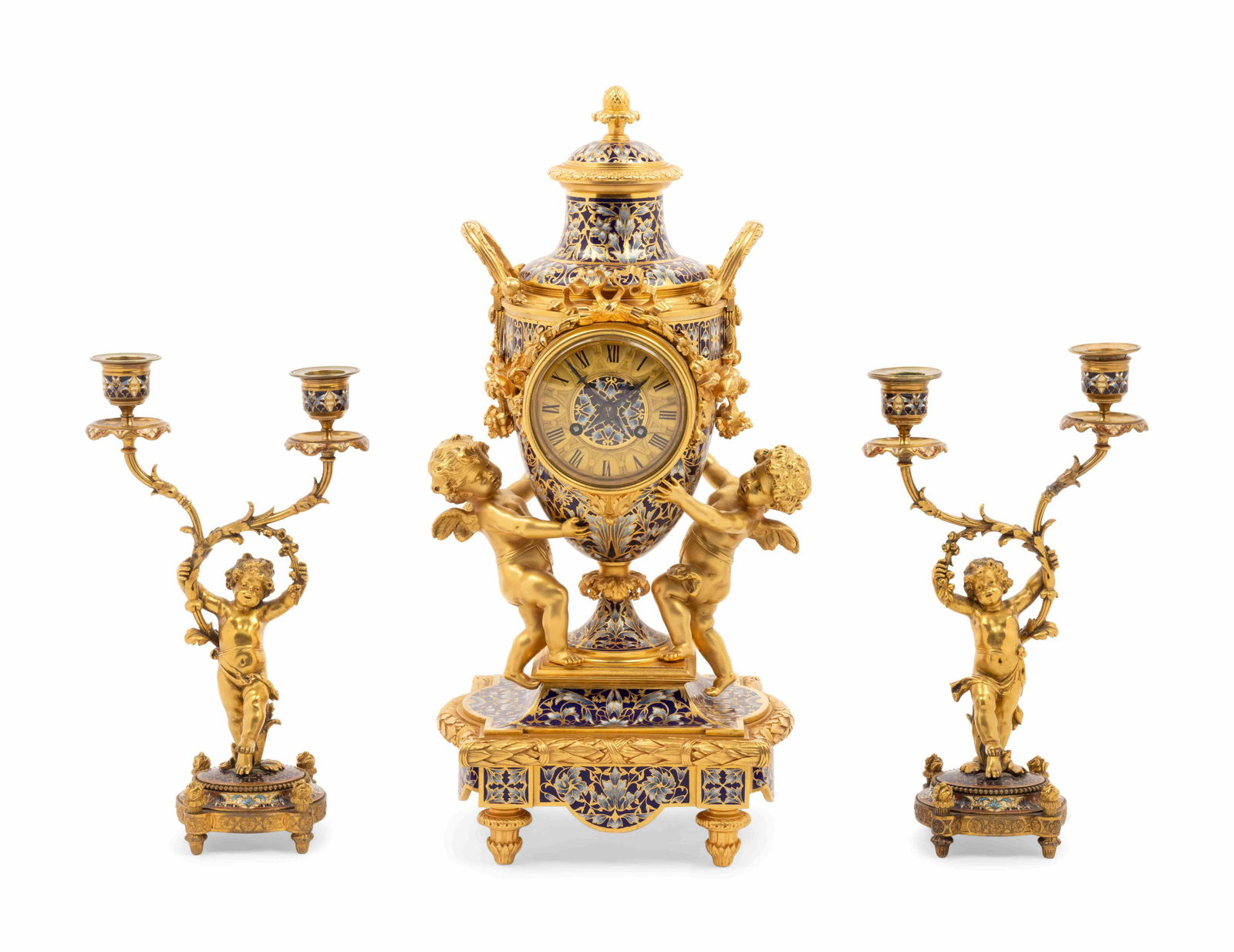 A French Gilt Bronze and Champleve Clock Garniture (1 of 5)
