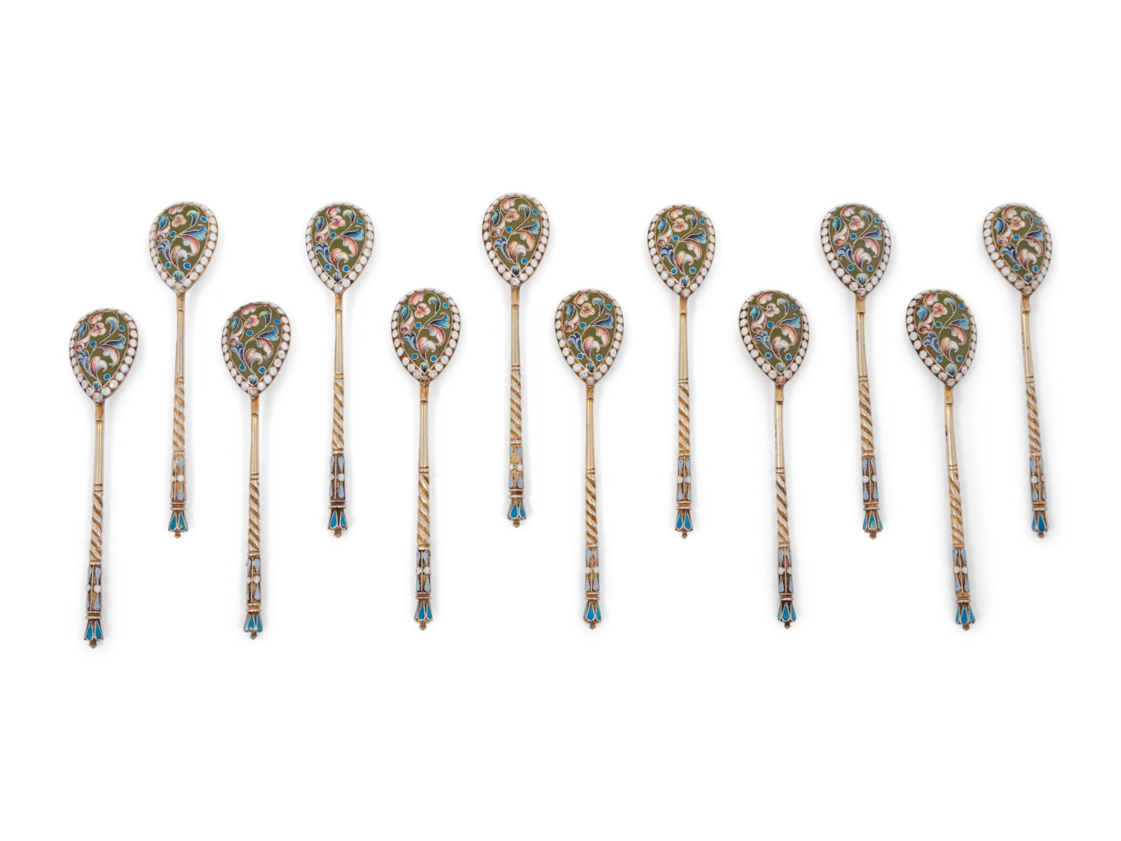 A Set of Twelve Russian Enameled Silver Coffee Spoons (1 of 5)