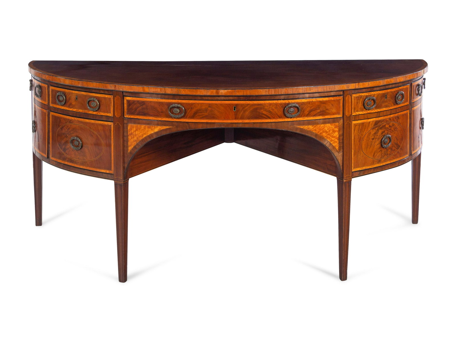 A George III Satinwood and Ebony-Banded Mahogany: A George III Satinwood and Ebony-Banded Mahogany Sideboard Third Quarter 18th Century Height 35 1/4 x width 84 1/2 x depth 36 inches. Provenance: Frank Partridge and Sons Ltd., London Martha Baird Roc