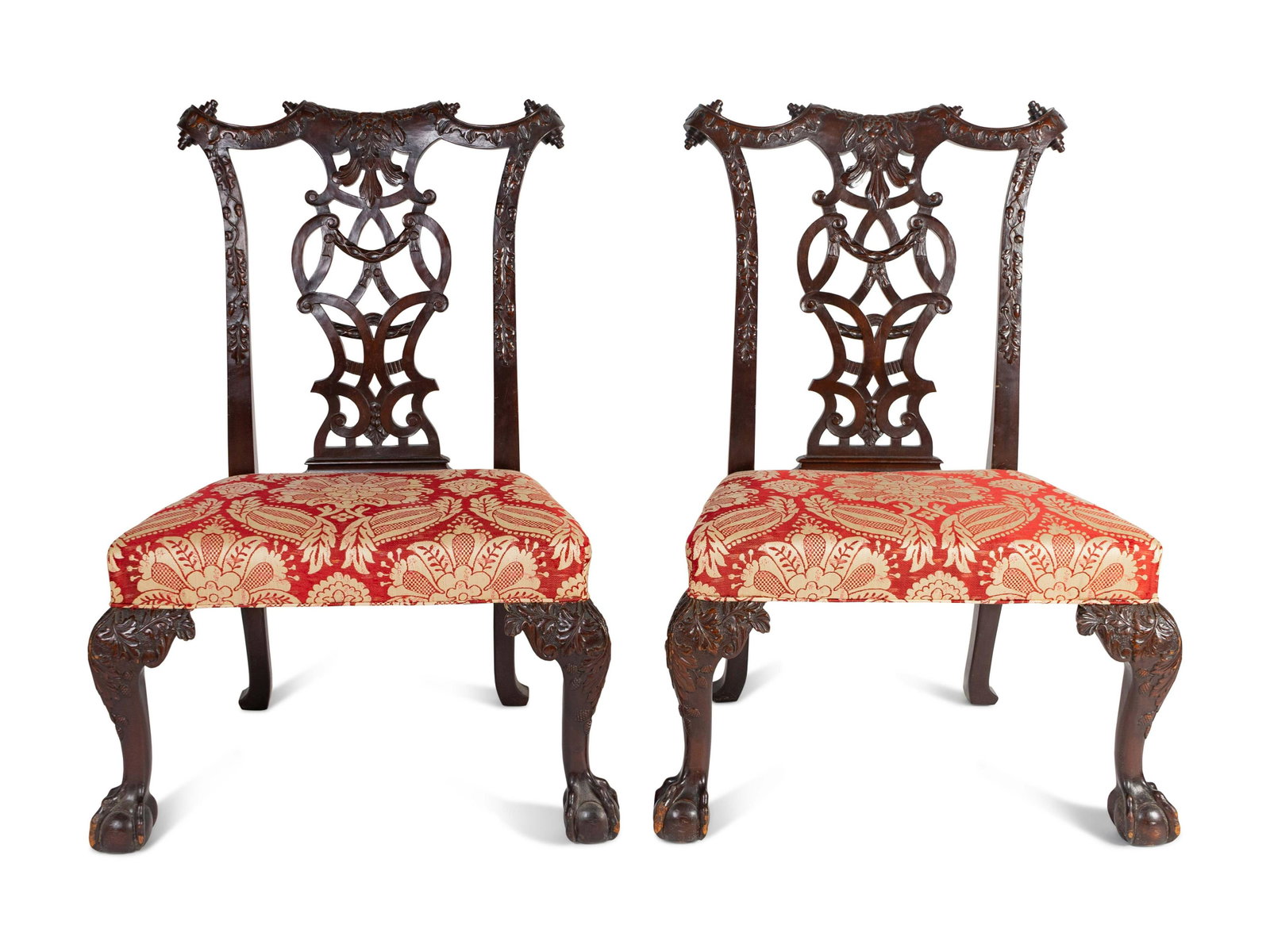 A Pair of Irish George III Style Mahogany Side Chairs: A Pair of Irish George III Style Mahogany Side Chairs Late 19th Century Height of each 42 x width 28 1/2 x depth 23 inches.