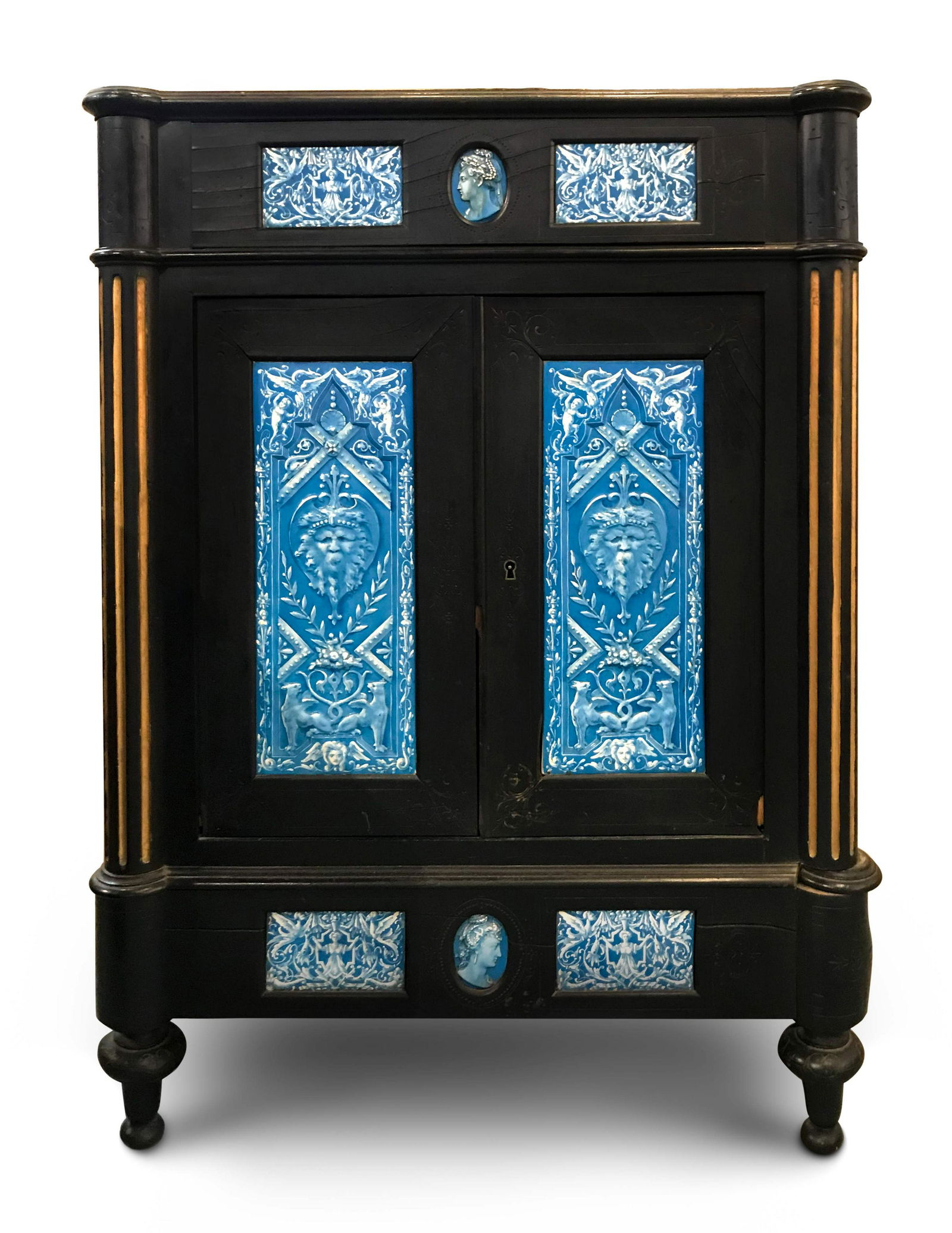 A Continental Blue Faience-Mounted Ebonized Cabinet (1 of 1)