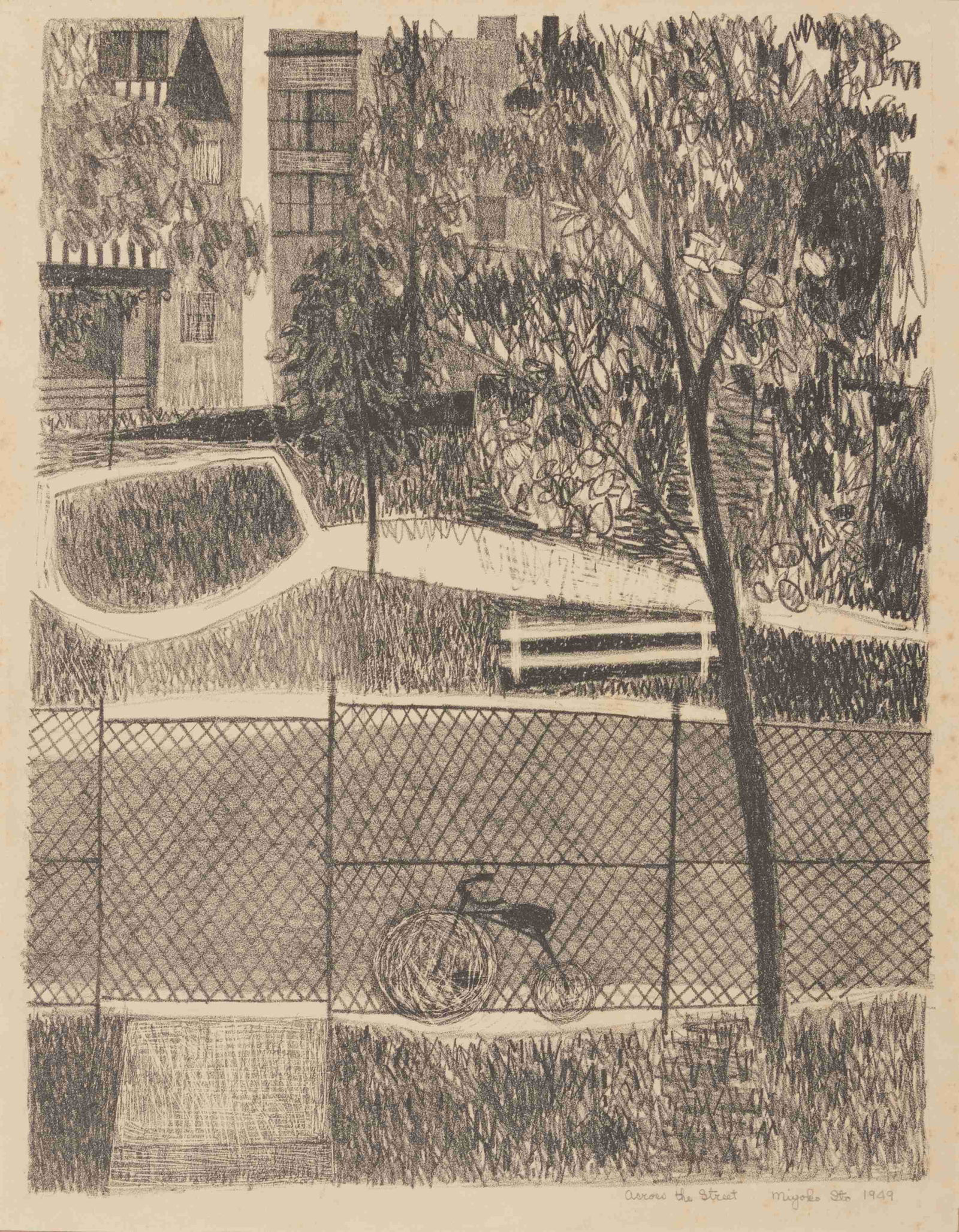 Miyoko Ito (American, 1918-1983) Across the Street,: Miyoko Ito (American, 1918-1983) Across the Street, 1949 lithograph signed, titled, and dated in pencil 13 x 9 3/4 inches.