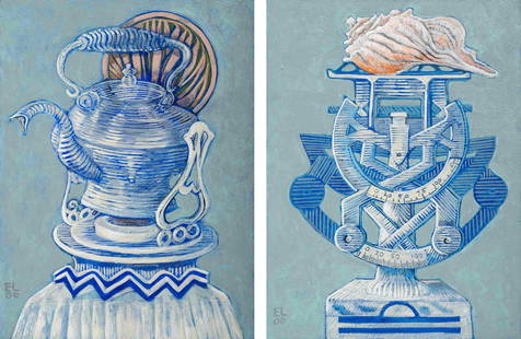 Ellen Lanyon (American, 1926-2013) Aquarius and Libra: Ellen Lanyon (American, 1926-2013) Aquarius and Libra (A Pair of Works), 2006 mixed media on paper each initialed and dated (lower left) each 12 x 9 inches. Property from a Private Collection, Chicago