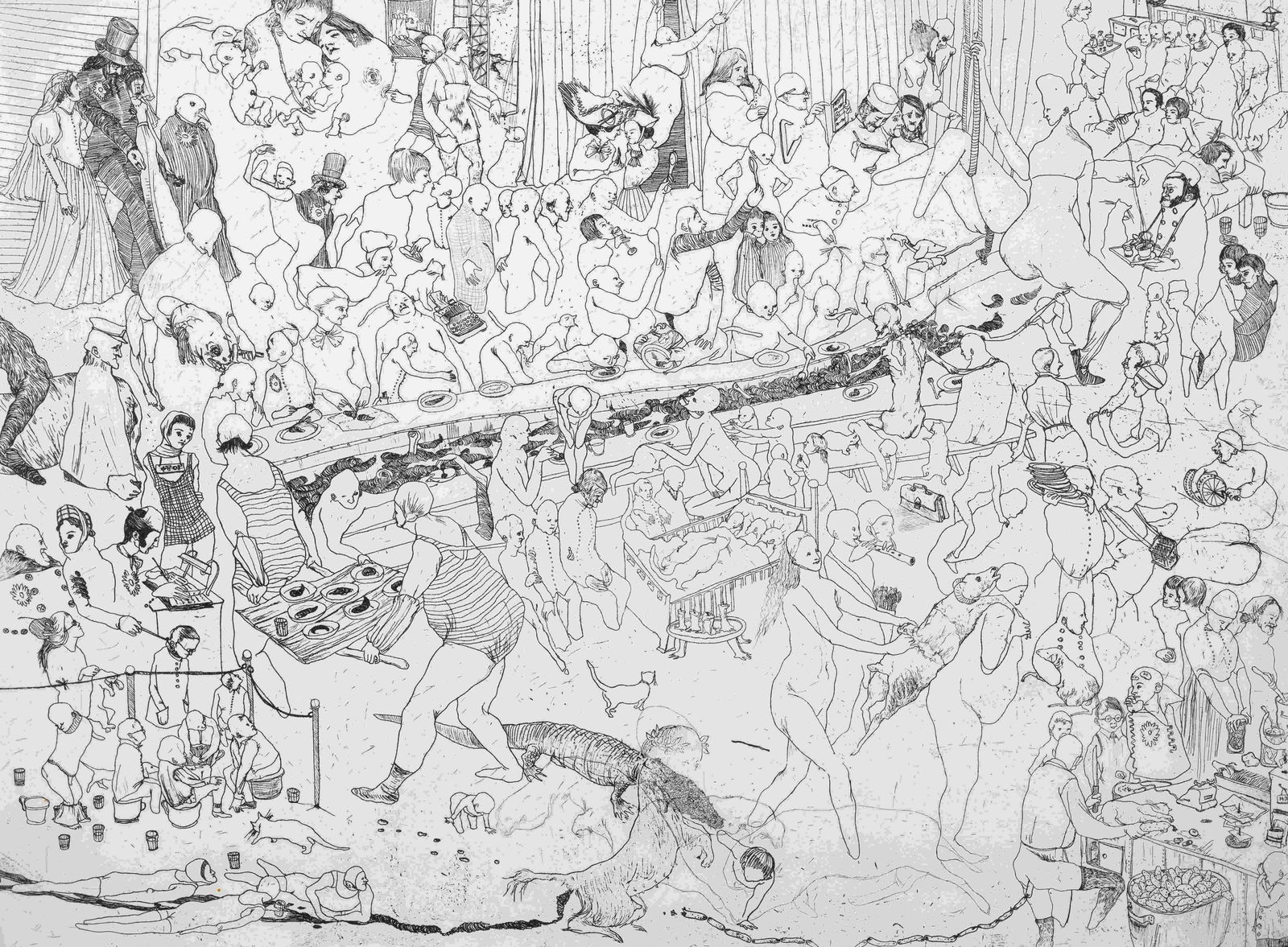 Dasha Shishkin (American/Russian, b. 1977) Untiled: Dasha Shishkin (American/Russian, b. 1977) Untiled (Poop Table), 2004 etching edition TK 17 1/2 x 23 1/2 inches. Property from an Anonymous Collection, Chicago, Illinois Provenance: Oliver Kamm/5BE Ga