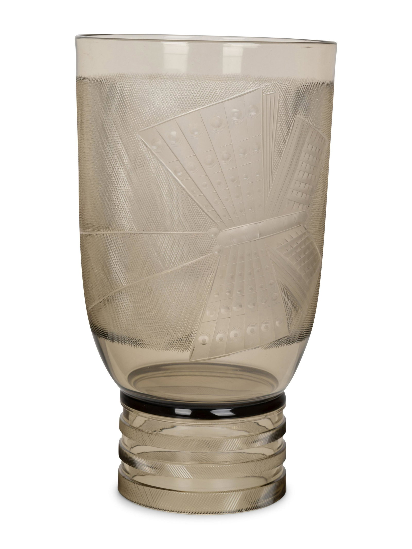 Kagami Kozo (Japanese, 1896-1985) Butterfly Vase: Kagami Kozo (Japanese, 1896-1985) Butterfly Vase smoke tinted cast and carved leaded glass together with tomobako H 12 1/4 x Diameter 7 inches.