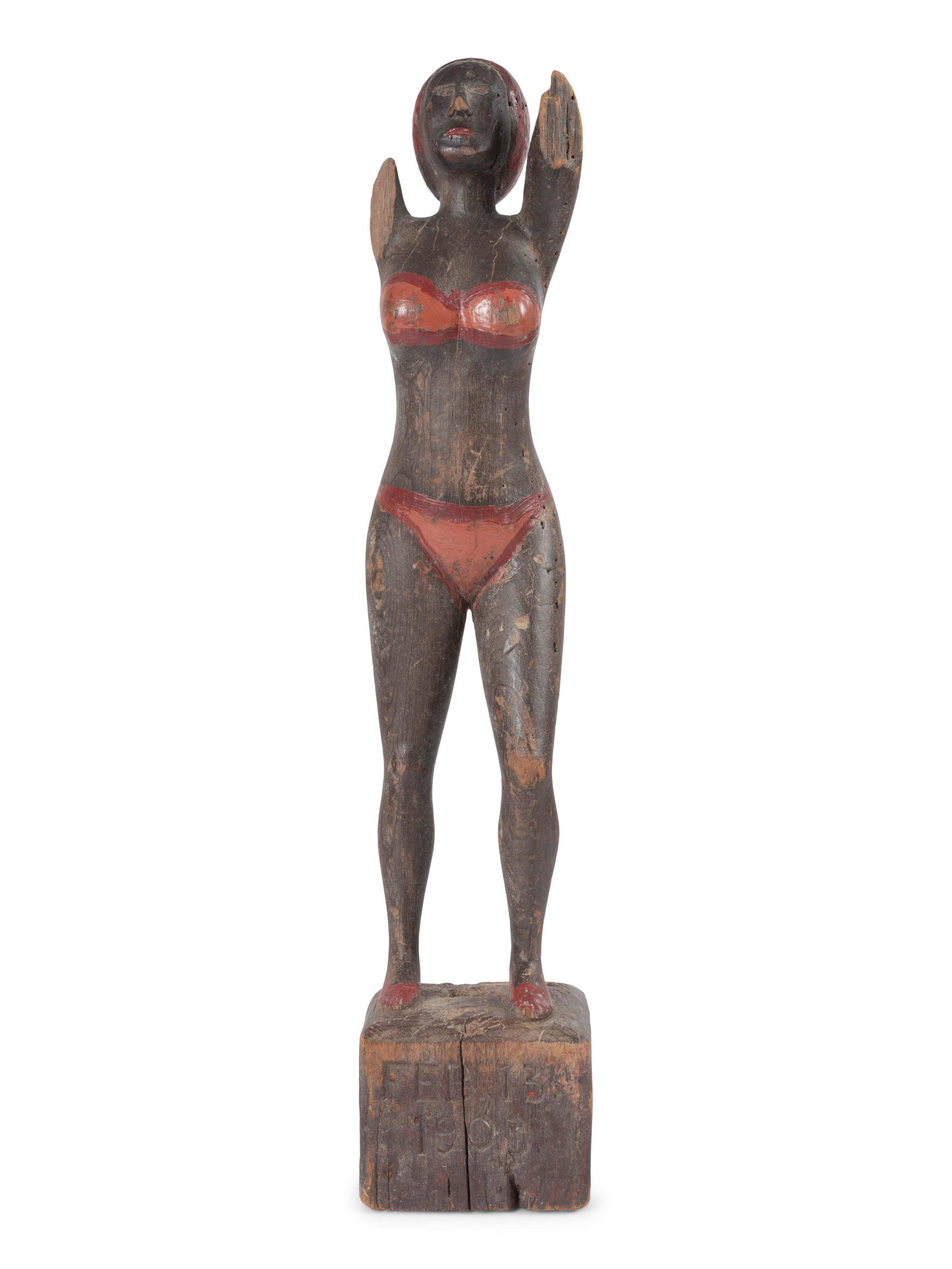 A Carved and Painted Wood Bather Figure: A Carved and Painted Wood Bather Figure Circa 1903 the base incised Feb. 13 / 1903. Height 21 3/4 inches. Property from the Collection of Dr. James Dawson, Manchester, Kentucky